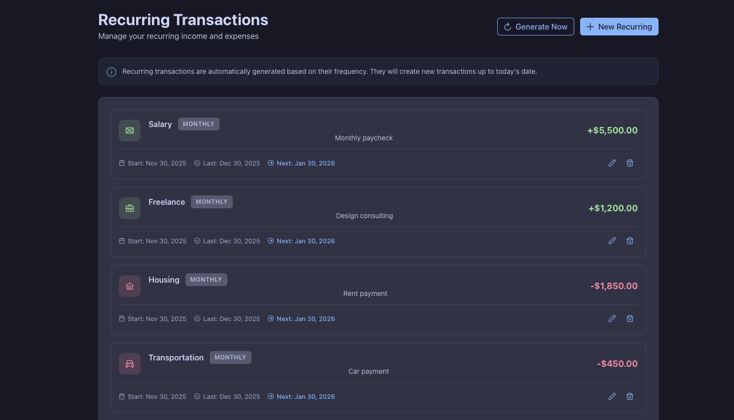 Recurring Transactions screenshot